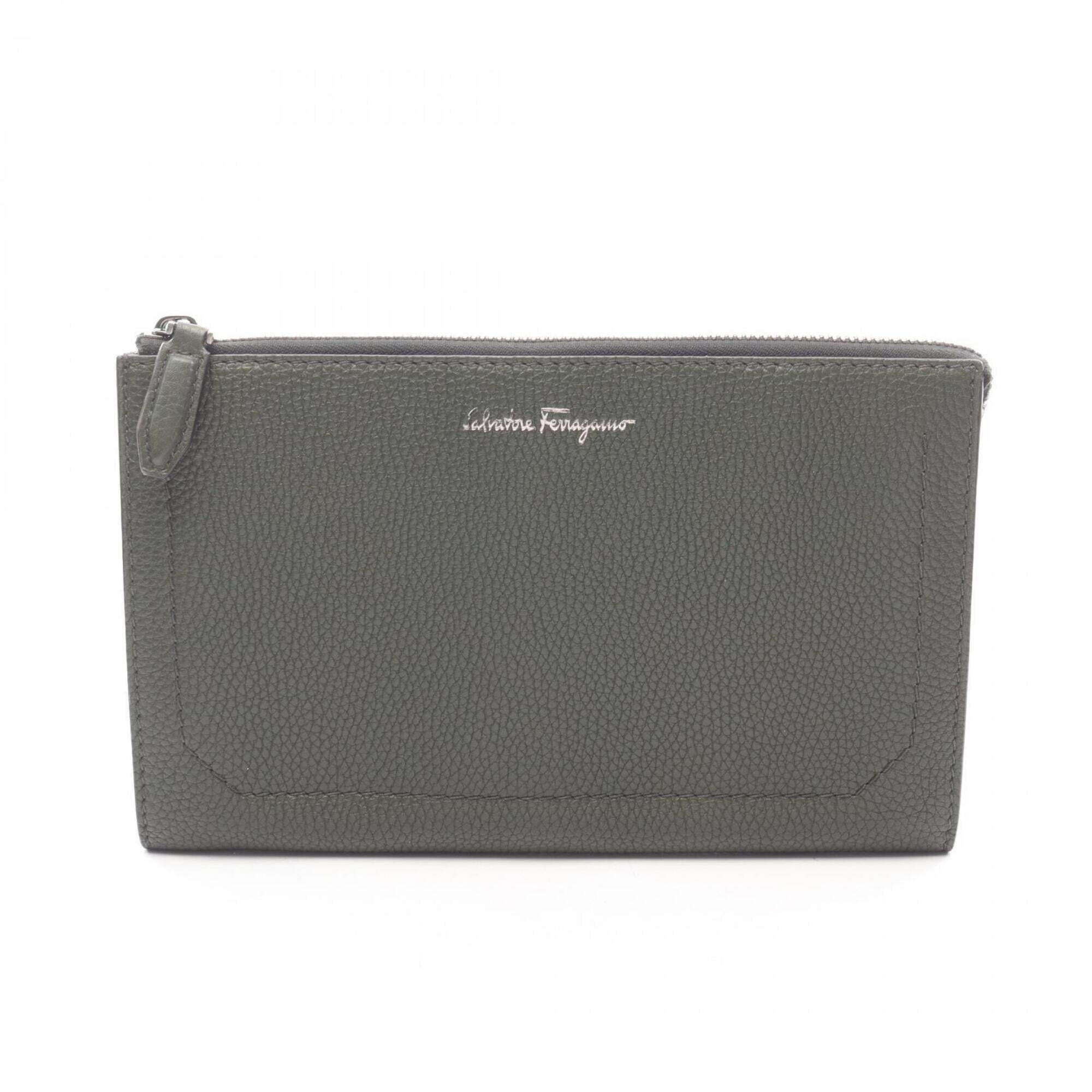 Salvatore Ferragamo Clutch Bag/Handbag, Leather, Men's, Green, Size 24 (0755)